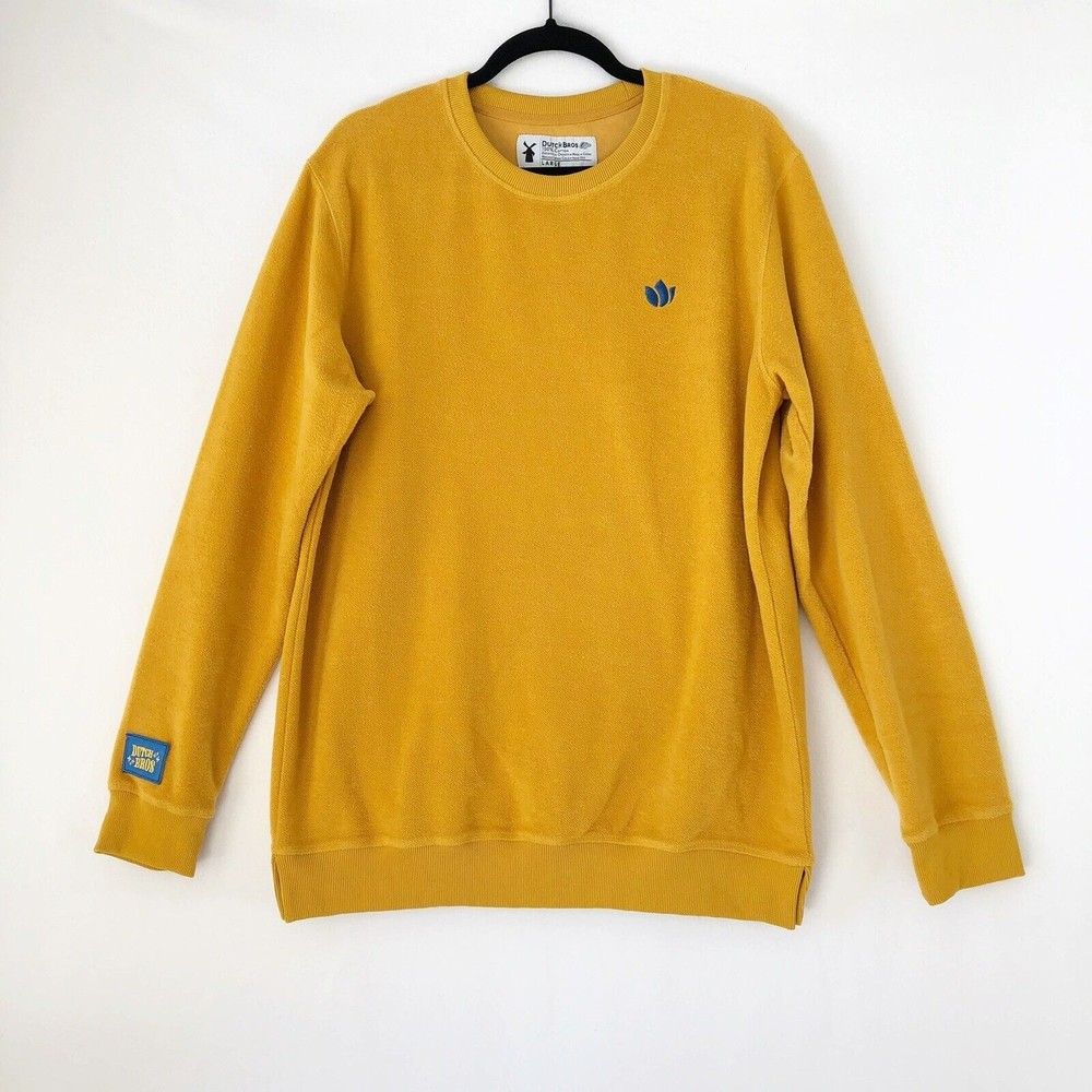 Dutch Bros Coffee Large Fleece Sweatshirt Mustard Gold Crew Neck Sweater Patch